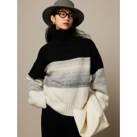 每件都Du一无二 渐变色条纹高领毛衣女秋冬段染纱100羊毛针织衫女