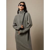 法式优雅 半拉链高领针织连衣裙女秋冬厚款过膝打底羊毛毛衣裙子