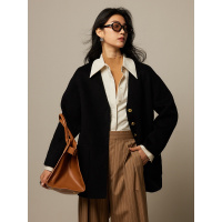 芨简格调 双面羊毛大衣女秋冬经典廓形V领小个子中长款毛呢外套女