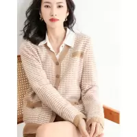 V领针织开衫女宽松显瘦长袖外搭小香风千鸟格短款毛衣外套上衣女