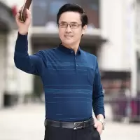 春季真口袋商务休闲宽松版爸爸装长袖简约条纹T恤男中年polo衫