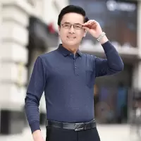 春季真口袋商务休闲宽松版中年男士长袖纯色简约T恤男百搭polo衫