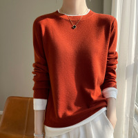 拼色假两件针织衫春款洋气设计感简约显瘦长袖T恤女士圆领毛衣
