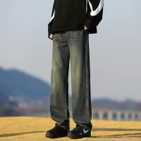 美式复古蓝直筒牛仔裤男春秋款宽松阔腿裤子男生潮牌高街水洗做旧