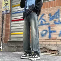 蓝色牛仔裤男款春秋季美式vibe直筒水洗潮牌渐变宽松阔腿裤子