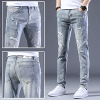 香港高品质浅色破洞牛仔裤男款潮牌秋季新款春秋男士修身小脚美式