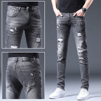 高端破洞牛仔裤男士新款潮牌乞丐裤春秋季修身小脚长裤子男款
