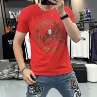 夏季新款龙年本命年短袖T恤男士上衣烫钻重工时尚潮流丝光棉半袖