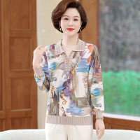 中年妈妈装新款上衣50岁中老年人女装短款毛衣针织衫时尚印花烫钻
