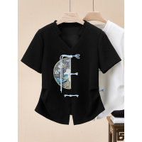 刺绣中式短袖T恤女夏季修身收腰显瘦正肩不规则设计感V领上衣