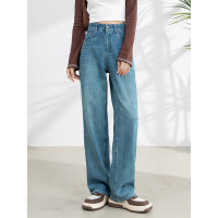 年春季新款环保翡翠绿高腰宽松牛仔裤女复古垂感阔腿长裤8082