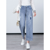 春季高腰牛仔裤女九分裤直筒裤外翻毛边脚口九分阔腿裤20153