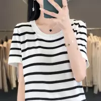 薄款针织衫圆领正肩短袖T恤女夏季冰丝法式小衫显瘦条纹上衣