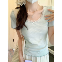 甜辣风蝴蝶结蕾丝边针织T恤女装夏季修身显瘦短款内搭打底衫