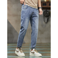 电商男士牛仔裤抖音高端印花简约刺绣修身直筒轻奢长裤男