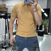 夏季新款烫钻字母翻领短袖T恤男士POLO衫修身珠地棉时尚潮流半袖