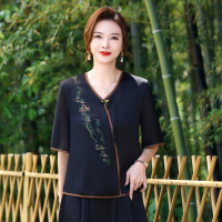 中老年女妈妈装夏季中袖国风T恤套装宽松中袖大码圆领小衫+裤子