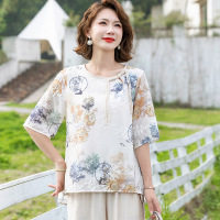 母亲节妈妈夏款短袖套装上衣雪纺小衫时尚绣花T恤+阔腿裤中老年女
