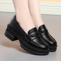 春秋百搭松羔单鞋粗跟圆头乐福鞋软皮大码舒适一脚蹬英伦风女皮鞋