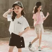 年夏季套装新款女童系带短袖套装中大童百搭钉扣子短裤套