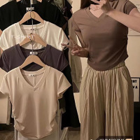 夏季法式收腰设计感正肩短袖T恤女修身短款V领打底衫显瘦上衣女装