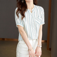 复古立领条纹宽松衬衫女夏新款百搭显瘦设计感上衣B0545