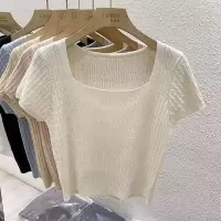 美式复古方领短袖针织衫女夏季新款修身短款高腰正肩薄款纯色上衣