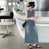 女童牛仔裙套装新款儿童夏装小女孩中国风无袖上衣短裙两件套