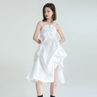 设计师款多皱褶抽绳吊带裙夏季裙子纯欲不规则连衣裙