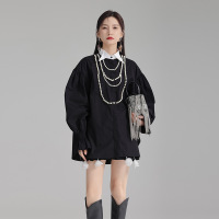 法式慵懒风灯笼袖珍珠饰衬衫女春装新款撞色双层领子别致上衣