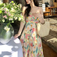 [郁金香]显瘦气质夏季复古碎花连衣裙小个子茶歇吊带裙