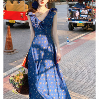 新款克莱因蓝显白浪漫V领碎花系带连衣长裙女