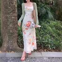 新款法式复古雪纺吊带连衣裙女夏季印花温柔长裙碎