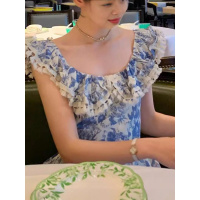 法式高级感印花连衣裙荷叶花边领收腰长裙子夏季新款