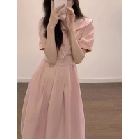 茶歇法式复古温柔风绝美粉色娃娃领收腰显瘦中长款衬衫连衣裙夏季