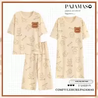 三件套睡衣女士夏季纯棉短袖七分裤可爱卡通中长款睡裙家居服套装
