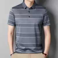 桑蚕丝中年爸爸装夏季薄款休闲商务翻领短袖透气冰丝条纹T恤男