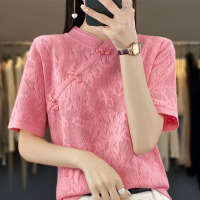 中式盘扣冰丝镂空短袖女款夏季提花百搭半高针织衫体恤打底上衣