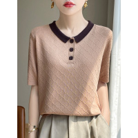 冰丝拼色翻领短袖女宽松新款韩版薄款菱形纽扣针织T恤衫上衣