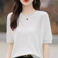 夏季纯色镂空针织冰丝短袖新款设计感中年妈妈半袖女士上衣