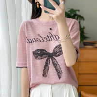 年夏季新款竹节麻圆领针织衫短袖T恤女蝴蝶结印花宽松百搭上衣