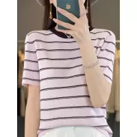 条纹针织短袖T恤女年夏季新款修身显瘦简约百搭冰丝针织衫