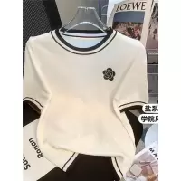 气质小香风山茶花冰丝短袖女夏季新款圆领百搭针织拼色T恤女上衣
