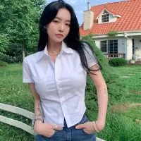 夏季纯欲收腰性感辣妹衬衫短袖别致上衣白色短款修身衬衣女潮