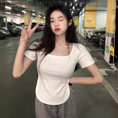 年夏季新款纯欲风大u领辣妹上衣显瘦修身不规则短袖T恤女ins