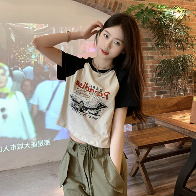 美式复古印花短袖T恤女夏季韩版新款修身百搭短款学生上衣潮
