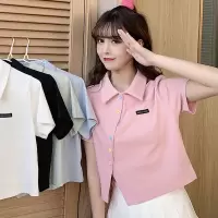 6535棉 夏季新款polo衫短袖T恤女修身高腰翻领短款学生上衣潮