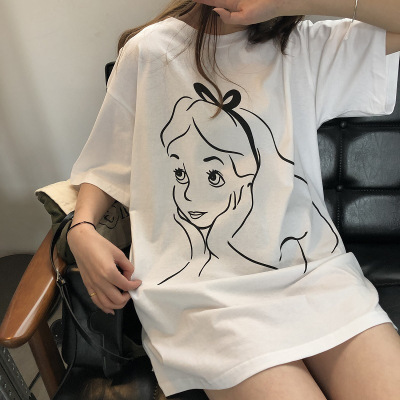 夏季新款韩版印花中长款短袖T恤女学生宽松上衣ins女装潮