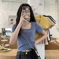 夏季短款T恤女纯色新款高腰修身显瘦辣妹百搭短袖方领上衣潮