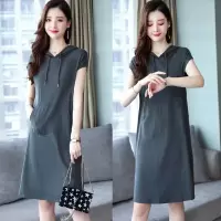 6535棉连帽卫衣连衣裙女夏季大码中长款休闲宽松短袖显瘦裙子